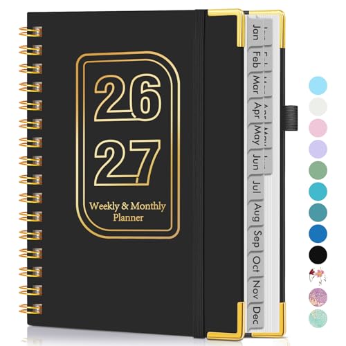 Planner 2026-2027, 18 Months Weekly and Monthly Hardcover Planner, January 2026 - June 2027, 5.75" x 8.38" A5 Daily Calendar Planner Book with Tabs, Spiral Yearly Agenda Organizer Notebook for School Work Home, Black - color: Black, size: A5 (Jan 2026 - J