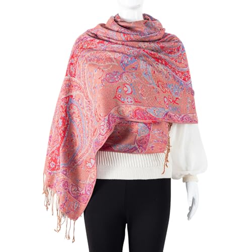 TUSHUSTY Pashmina Feel Shawls Wraps Rave Scarf for Women Soft Silky Reversible Men Scarves Hijab - color: Tan Red Blue