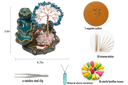 Waterfall Burner, Crystal Tree Backflow Incense Holder, with 30 Incense Cones, 30 Incense Stick, 1 Healing Crystal Necklace, Aromatherapy Anxiety Relief Items, Mom Gifts for Christmas - color: Blue Apatite