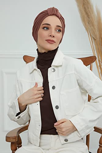Aisha's Design Instant Turban Plain Cotton Scarf Head Wrap Lightweight Hat Bonnet Cap for Women - color: Caramel Brown