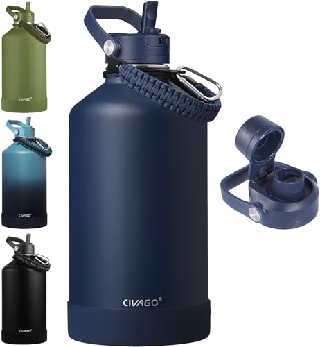 CIVAGO Gallon Insulated Stainless Steel Water Bottle with Detachable Straw, 128 oz Large Water Jug with Bucket Handle, Big Metal Leakproof Flask with Silicone Boot for Gym, Dishwasher Safe, Navy - color: .Navy, size: 128 Ounces
