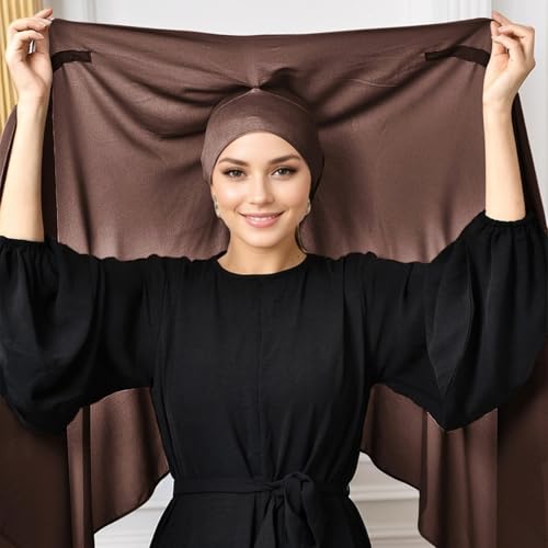 Instant Hijab Set 3-in-1 Chiffon Hijab Scarf for Women with Built-in Magnets and Undercap Head Wraps - color: Coffee