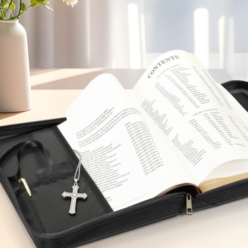 FINPAC Large Classic Bible Cover Vegan Leather Carrying Book Case Church Bag Bible Protective with Handle, Gift for Men, Women, Father, Mother, Black - color: Black