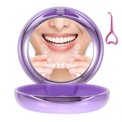 Retainer Case with Mirror, Cute Retainer Holder Case, Slim Aligner Case with Removal Tool, Magnetic Closure, Convenient Orthodontic Case for Invisalign/Night Guard/Mouth Guard - color: Purple