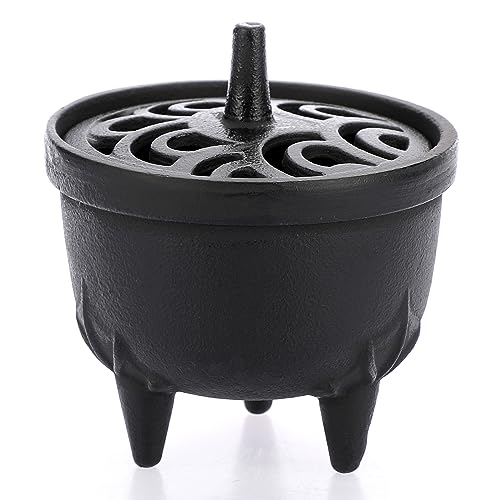 JUXYES Small Retro Cast Iron Cauldron Charcoal Incense Burner with Lid - size: Medium