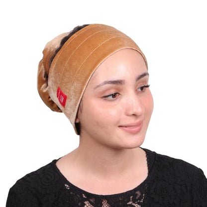Mu Lan Gripband | Non-Slip Headband | Anti-Slip Velvet Under Scarf Hijab | Double Grip Hair Shawl Turban Hat Wig (Beige Gold) - color: Beige Gold