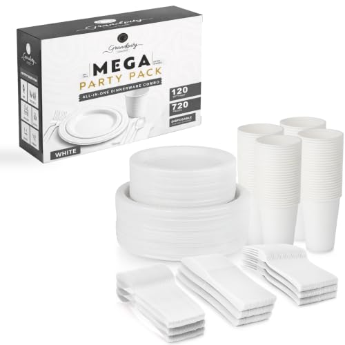 Grandipity 720 Piece White Disposable Dinnerware Set, Plastic Dinnerware Set Includes 120 Count 9' Dinner Plates, 7' Dessert Plates, 12oz Cups, Forks, Knives & Spoons - color: White, size: 120 Guests (720 PCS)