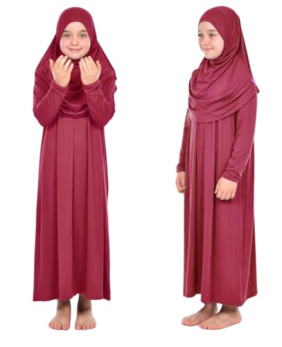 Prien Kids Prayer Dress Muslim Clothes for Girls Long Sleeve Abaya with Hijab Two Piece Maxi Islamic Set Scarf Kaftan Jilbab - color: Red