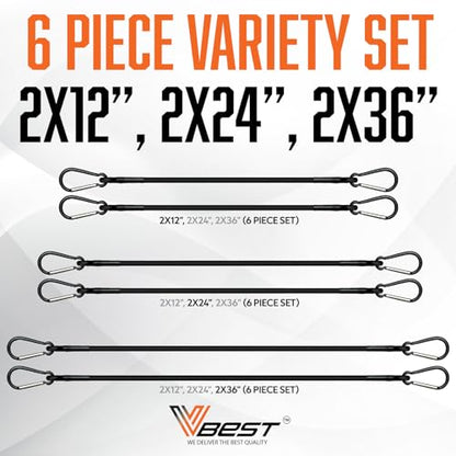 Bungee Cords with Carabiner Hooks - 6Pcs Heavy Duty Outdoor Bungees | Black Rubber Bungy Chords Set Includes 2x12", 2x24", 2x36" - Strong Bungie Straps - UV & Weather Resistant 200lb Strength - size: 2x12”, 2x24”, 2x36” (6 Piece Set)
