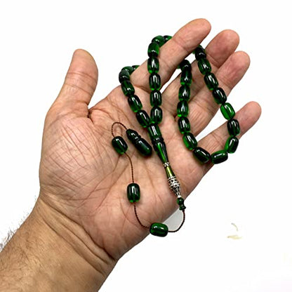 EXCLUSIVE COLLECTION -Handmade Silver Engraved Bakelite Tesbih, Tasbih, Islamic Rosary, Islamic Prayer Beads, Misbaha (8x12 mm 33 Forest Green Beads) - color: 8x12 mm 33 Forest Green Beads