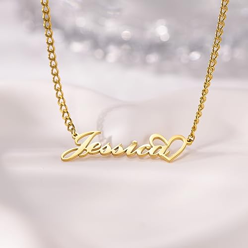 DayOfShe Name Necklace Personalized for Women, 18K Gold Plated Cuban Chain Necklaces Customized with Name as Christmas Girlfriend Gift - color: Name+Heart