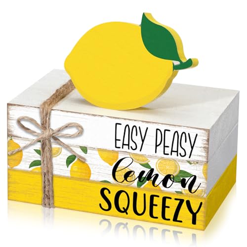 Geelin 4 Pcs Lemon Book Stack Decor, Wooden Faux Books for Home Table Centerpiece, Lemon-themed Kitchen Tiered Tray Decorations, Rustic Farmhouse Summer Lemon Decor for Living Room & Dining Table - style: Lemon