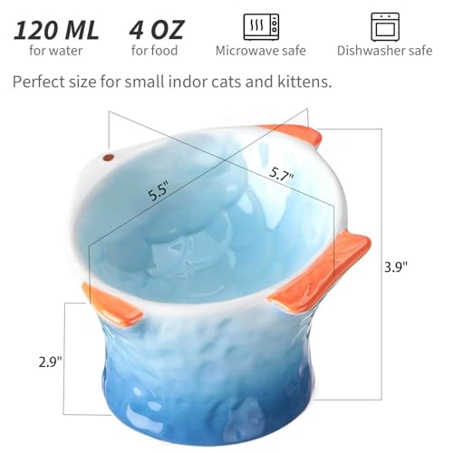 Cute Fish Shape Ceramic Elevated Cat Bowl for Food, 2-Pack | Shallow and Tilted Design, Whisker-friendly, Anti-vomiting, Non-slip base, Ideal for Wet Food, Kittens & Treats, Green & Blue