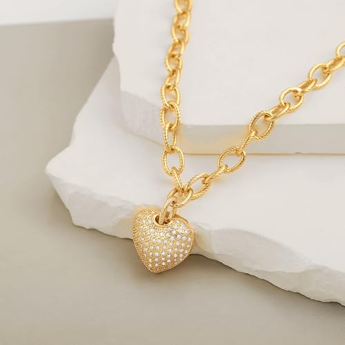 POTESSA 18K Gold Plated Pendant Necklace Medallion Coin Heart Y Shaped Chain Toggle Necklace for Women Jewelry - color: Gold Zircon Hollow Heart