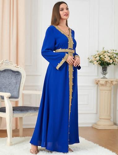 FYMNSI Women Muslim Abaya Dress Islamic Dubai Modest Lace Belted Dress Abayas Kaftan Eid Prayer Clothes Arabian Maxi Robe - color: Blue, size: Large