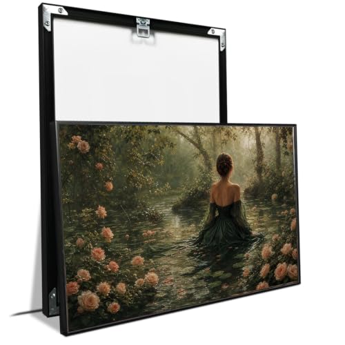 Enchanted Forest Water Nymph Wall Art Ethereal Green Dress Woman Pond Rose Petal Scenery Canvas Painting Poster Home Decor - color: Nature22, size: 8x12in Black Framed