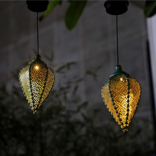 Solar Outdoor Lanterns- Hanging Lights, Set of 2 Moroccan Style Garden Party Decorative Rechargeable Lantern, Hurricane Lamps are Great for Front Porch, Patio and Yard