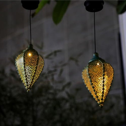 Solar Outdoor Lanterns- Hanging Lights, Set of 2 Moroccan Style Garden Party Decorative Rechargeable Lantern, Hurricane Lamps are Great for Front Porch, Patio and Yard