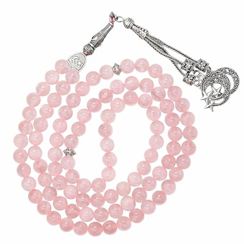 Amazing Gemstone Rose Quartz Tasbeeh with Moon and Star Charm - Certified Crystal Muslim Prayer Beads Natural Gemstone Tasbih Gift for Ramadan Dhikr and Daily Namaz (S) - color: Rose Quartz