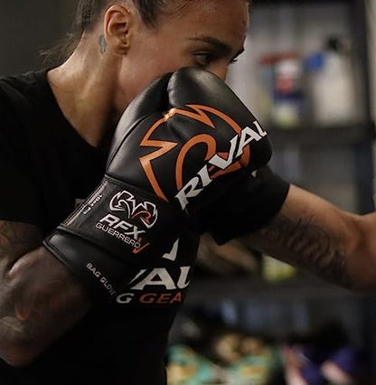 RIVAL Boxing RFX-Guerrero-V Bag Gloves, Multi-Layered Inner Foam Padding (HDEF), Premium Leather, Wrist Lock 2 System - color: Black/Orange, size: 8 oz.