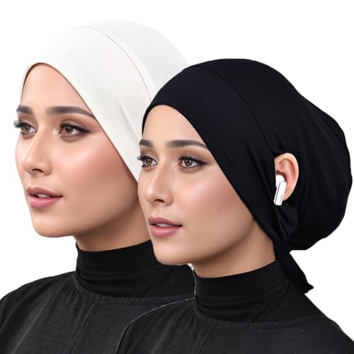 Hijab Undercaps Slouchy Beanies Cap Soft Hijab Caps Under Scarf for Women Muslim Jersey Inner Beain-Cap - color: Black+white