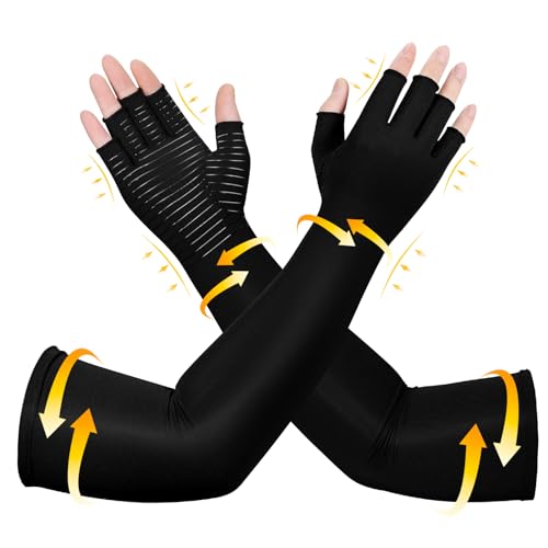 Long Copper Compression Arthritis Gloves for Women & Men, Medical Arm & Hand Compression Gloves, Fingerless Pressuse Gloves, Hand Support Sleeves for Carpal Tunnel, Lymphedema, Hand Pain, Edema - color: Black, size: Large