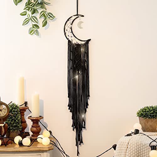Boho Macrame Wall Hanging, Crochet Moon Star Dream Catcher with Tassel - color: Black, size: Without Light