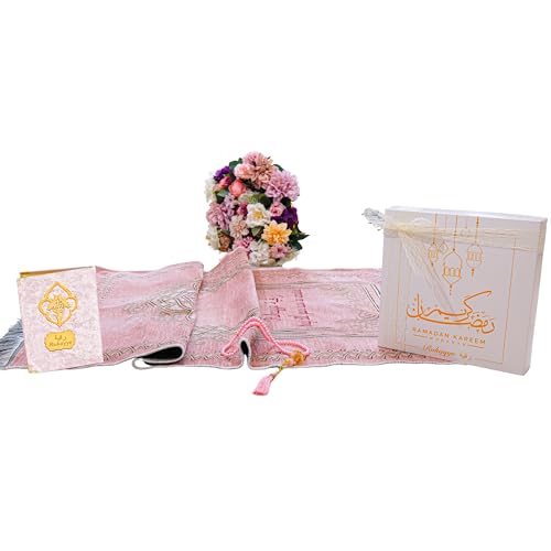 IEF Personalized Embroidered Prayer Rug Prayer Beads Yaseen Dua Book Quran Islamic Gift Set Ramadan Eid Hajj Umrah Wedding Birthday Mother's Day Father's Day Valentine's Day Gifts (Pink) - color: Pink