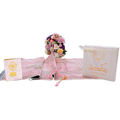 IEF Personalized Embroidered Prayer Rug Prayer Beads Yaseen Dua Book Quran Islamic Gift Set Ramadan Eid Hajj Umrah Wedding Birthday Mother's Day Father's Day Valentine's Day Gifts (Pink) - color: Pink