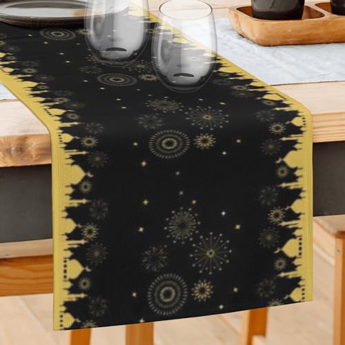 Eid Mubarak Ramadan Table Runner 13x72 Inch, Moon and Stars Mosque Black and Gold Linen Table Runner, Ramadan Mubarak Table Runner for Dining Table, Dresser & Home Decorations - color: Fireworks Mosque Eid Mubarak Ramadan Table Runner