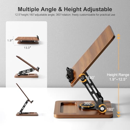 OPTIXCELL Book Stand for Reading, 360° Rotating Hands Free Book Holder, Adjustable Height and Angle, Page Clip for Cookbook, Recipe, Magazine, Laptop,Tablet, Foldable for Kitchen, Office, School - style: Book Stand