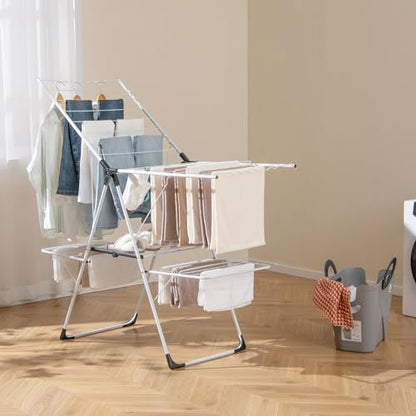 GOFLAME Clothes Drying Rack, 2-Tier Folding Laundry Drying Rack with Height-Adjustable Wings, 33 Drying Rails, Middle Sock Clips, Side Wave-shaped Bars, Freestanding Laundry Hanger, No Assembly Needed - size: 57" x 23" x 37.5"