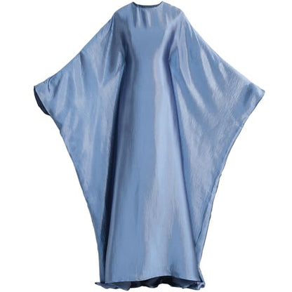 Abaya Muslim Dress Women Satin Prayer Dress Batwing Long Sleeve Middle East Arabian Robe with Hijab - color: Light Blue, size: Size 1