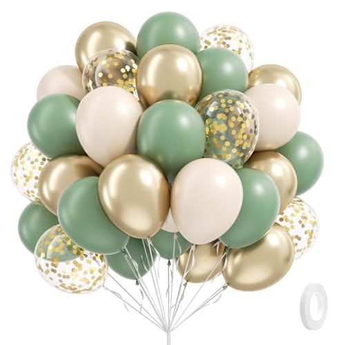 Sage green Balloons, 60pcs 12inch Sage green Sand White Metallic Gold Confetti Balloons for Boho Birthday Wedding Bridal Baby Shower Engagement Party Decorations - color: Green Sand White