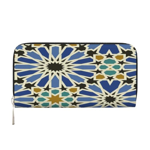 Geometric Islamic Art PU Leather Long Wallet for Women Men, Zipper Clutch Wallet RFID Card Holder Organizer - color: Geometric Islamic Art