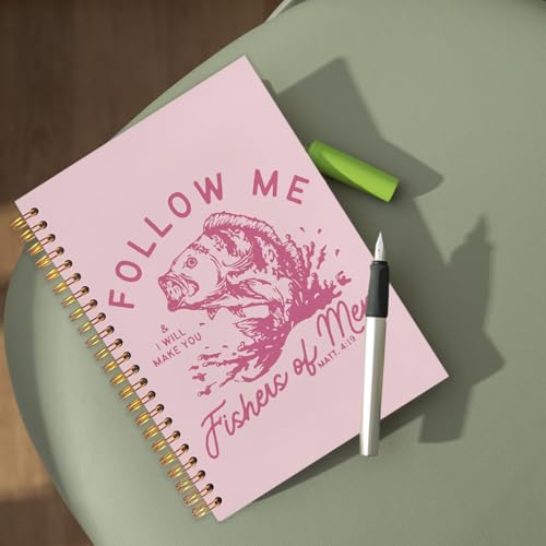 WUCHJ Pink Retro Fish Christian Notebook, Matthew 4:19 Bible Verse Journal, Religious Scripture Spiral Notebook Journal for Note Taking, Christian Faith Based Gifts for Women Men, 5.5x8.3 Inch - color: pink fish follow me