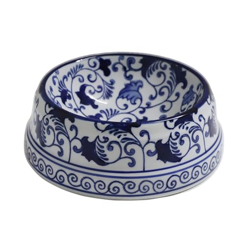 Aimusego Hand-Painted Ceramic Dog Bowl Blue/White Durable Dog Cat Food and Water Pet Dish 11OZ - color: Blue rosette scrolls, size: Small (11OZ)