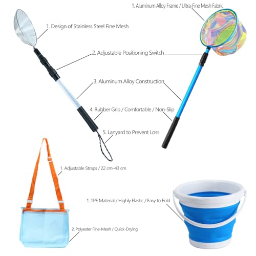 FishNetButterfly Net Insect Habitat Cage with FoldingBucketandTelescopic Handle forOutdoorCapturing of SmallFishShrimpButterflies - color: Light blue