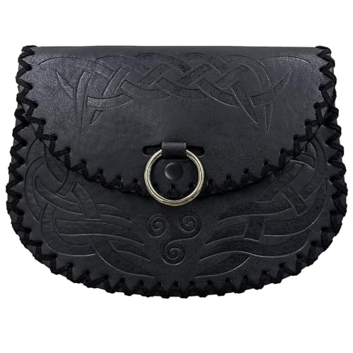 HiiFeuer Viking Embossed Faux Leather Belt Bag, Medieval Side Pack Pouch - color: Black B