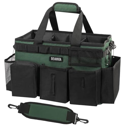SCAVATA Wearable Cleaning Caddy Bag, Cleaning Caddy Supplies Organizer with Handle & Shoulder Straps for Housekeepers, Under Sink & Car Cleaning Tool Organizers with 4 Foldable Divider (TreeGreen) - color: TreeGreen