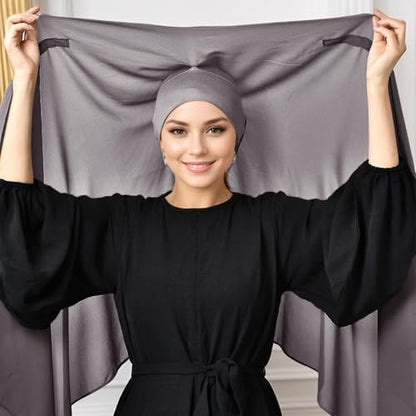 Instant Hijab Set 3-in-1 Chiffon Hijab Scarf for Women with Built-in Magnets and Undercap Head Wraps - color: Dark Grey
