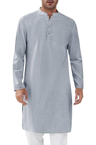 Runcati Mens Kaftan Thobe Textured Henley Shirt Long Sleeve Robe Casual Muslim Gown Shirt - color: Light Grey, size: Medium