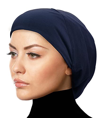 Women's Snood Cap Cotton Beanie Hair Wrap Chemo Undercap Easy Bonnet Hat - color: Navy Blue