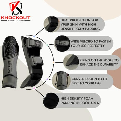 Muay Thai Shin Guards MMA Martial Arts -Padded, Adjustable Leg Guards with Instep Protection for Training and Sparring Gear Kickboxing Equipment – Durable, Professional - color: Black/Gray, size: Small-Medium