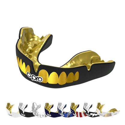 OPRO Instant Custom-Fit Mouthguard – Dentist Level Gum Shield Adult and Kids – OPRO Mouth Guard Boxing and MMA, Self-Fit Gum Shield Rugby – Maximum Protection with Dental Warranty (Black/Gold/Gold) - color: Gold Teeth - Black/Gold/Gold, size: Adult (10+)