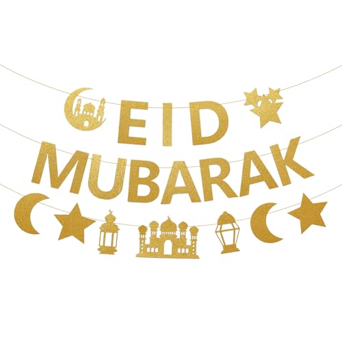 Netnology Eid Mubarak Banner Decorations, 10 ft Gold Glitter Pre-Strung Eid Mubarak Banner with Moon Star Ramadan Mosque for Islam Party Decorations No DIY Required