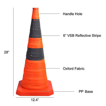 Sunnyglade [4-Pack] 28 inch Collapsible Traffic Cones with LED Light Multi Purpose Pop up Reflective Safety Cone (Orange x4)