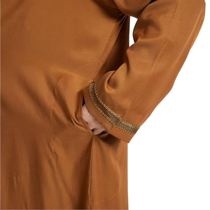 Thobe for Men Abaya Islamic Clothing Loose Long Sleeve Muslim Kaftan Open Front Dubai Arabic Robe Prayer Costume - color: Khaki, size: 3X-Large