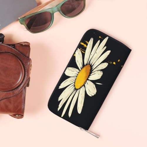 Stylish Daisy PU Leather Long Wallet for Women Men, Zipper Clutch Wallet RFID Card Holder Organizer - color: Stylish Daisy