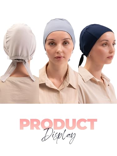 FabNest Women Hijab Undercap Islamic Muslim Under Scarf Hats Bonnet with Tie Back Non-Slip Breathable and Snug-Fit - color: Sand Beige + Navy Blue (2pcs)